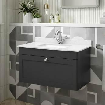 Nuie Classique Wall Hung 1-Drawer Vanity Unit with 1TH White Square Marble Top Basin 800mm Wide - Satin Anthracite