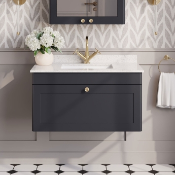 Nuie Classique Wall Hung 1-Drawer Vanity Unit with 1TH White Square Marble Top Basin 800mm Wide - Satin Anthracite | Product Image