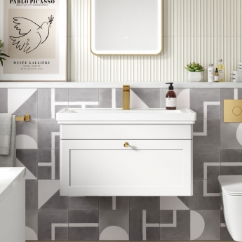 Nuie Classique Wall Hung 1-Drawer Vanity Unit with Basin 600mm Wide Satin White - 1 Tap Hole