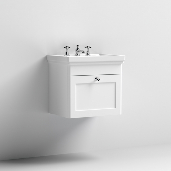 Nuie Classique Wall Hung 1-Drawer Vanity Unit with Basin 500mm Wide Satin White - 3 Tap Hole
