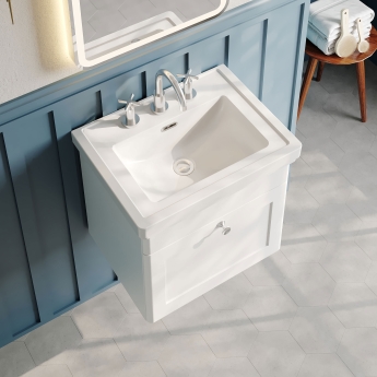 Nuie Classique Wall Hung 1-Drawer Vanity Unit with Basin 500mm Wide Satin White - 3 Tap Hole | Product Image