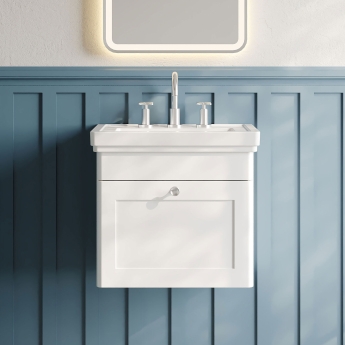 Nuie Classique Wall Hung 1-Drawer Vanity Unit with Basin 500mm Wide Satin White - 3 Tap Hole | Product Image