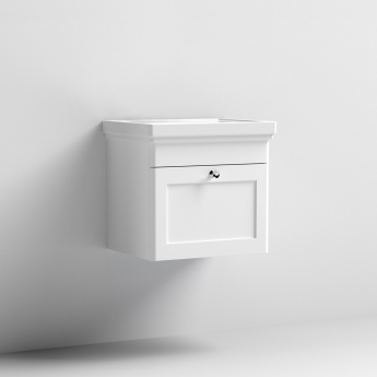Nuie Classique Wall Hung 1-Drawer Vanity Unit with Basin 500mm Wide Satin White - 0 Tap Hole
