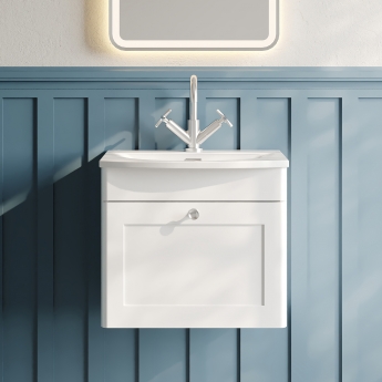 Nuie Classique Wall Hung 1-Drawer Vanity Unit with Curved Basin 500mm Wide - Satin White | Product Image