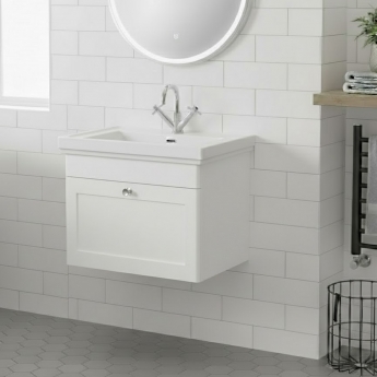 Nuie Classique Wall Hung 1-Drawer Vanity Unit with Basin 600mm Wide Satin White - 1 Tap Hole