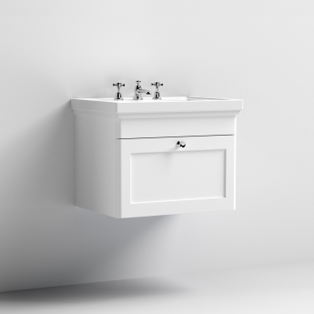 Nuie Classique Wall Hung 1-Drawer Vanity Unit with Basin 600mm Wide Satin White - 3 Tap Hole