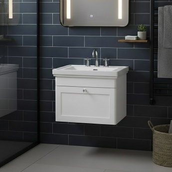 Nuie Classique Wall Hung 1-Drawer Vanity Unit with Basin 600mm Wide Satin White - 3 Tap Hole