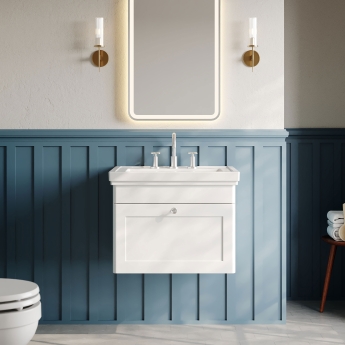 Nuie Classique Wall Hung 1-Drawer Vanity Unit with Basin 600mm Wide Satin White - 3 Tap Hole | Product Image