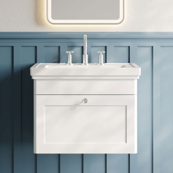 Nuie Classique Wall Hung 1-Drawer Vanity Unit with Basin 600mm Wide Satin White - 3 Tap Hole | Product Image