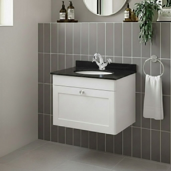Nuie Classique Wall Hung 1-Drawer Vanity Unit with 1TH Black Marble Top Basin 600mm Wide - Satin White