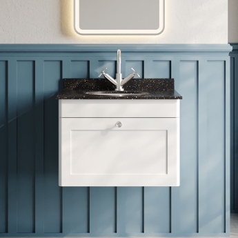 Nuie Classique Wall Hung 1-Drawer Vanity Unit with 1TH Black Marble Top Basin 600mm Wide - Satin White | Product Image