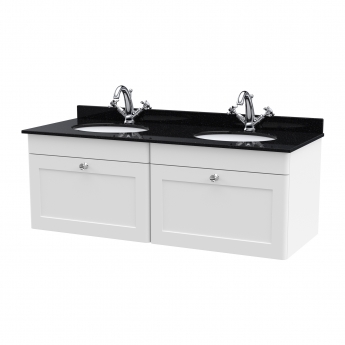 Nuie Classique Wall Hung 2-Drawer Vanity Unit with 1TH Black Marble Top Basin 1200mm Wide - Satin White