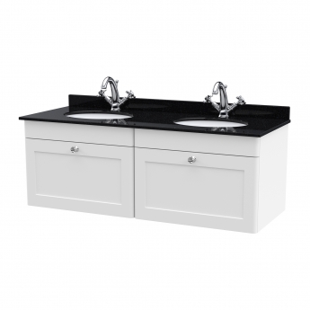 Nuie Classique Wall Hung 2-Drawer Vanity Unit with 1TH Black Round Marble Top Basin 1200mm Wide - Satin White