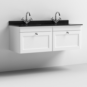 Nuie Classique Wall Hung 2-Drawer Vanity Unit with 1TH Black Round Marble Top Basin 1200mm Wide - Satin White