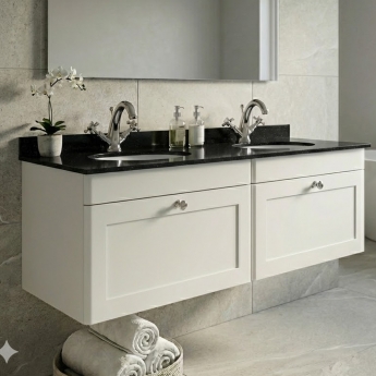 Nuie Classique Wall Hung 2-Drawer Vanity Unit with 1TH Black Round Marble Top Basin 1200mm Wide - Satin White