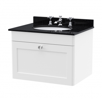 Nuie Classique Wall Hung 1-Drawer Vanity Unit with 3TH Black Marble Top Basin 600mm Wide - Satin White