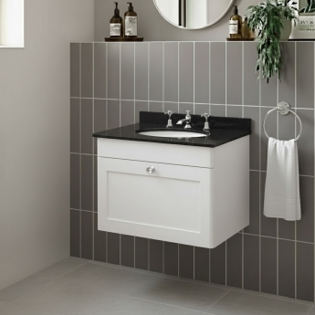 Nuie Classique Wall Hung 1-Drawer Vanity Unit with 3TH Black Marble Top Basin 600mm Wide - Satin White