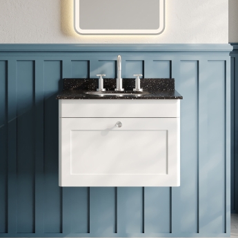 Nuie Classique Wall Hung 1-Drawer Vanity Unit with 3TH Black Marble Top Basin 600mm Wide - Satin White | Product Image