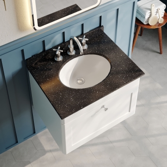 Nuie Classique Wall Hung 1-Drawer Vanity Unit with 3TH Black Marble Top Basin 600mm Wide - Satin White | Product Image