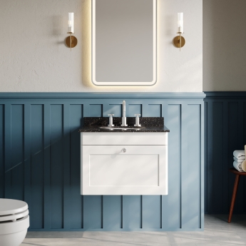 Nuie Classique Wall Hung 1-Drawer Vanity Unit with 3TH Black Marble Top Basin 600mm Wide - Satin White | Product Image