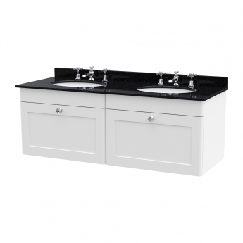 Nuie Classique Wall Hung 2-Drawer Vanity Unit with 3TH Black Marble Top Basin 1200mm Wide - Satin White