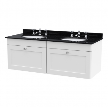 Nuie Classique Wall Hung 2-Drawer Vanity Unit with 3TH Black Round Marble Top Basin 1200mm Wide - Satin White