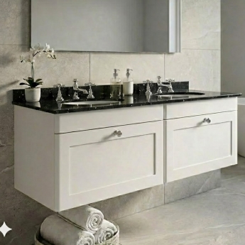 Nuie Classique Wall Hung 2-Drawer Vanity Unit with 3TH Black Round Marble Top Basin 1200mm Wide - Satin White