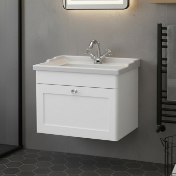 Nuie Classique Wall Hung 1-Drawer Vanity Unit with Traditional Basin 600mm Wide Satin White - 1 Tap Hole