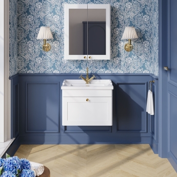 Nuie Classique Wall Hung 1-Drawer Vanity Unit with Traditional Basin 600mm Wide Satin White - 1 Tap Hole | Product Image