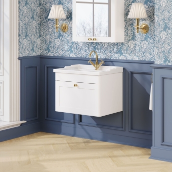 Nuie Classique Wall Hung 1-Drawer Vanity Unit with Traditional Basin 600mm Wide Satin White - 1 Tap Hole | Product Image