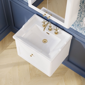 Nuie Classique Wall Hung 1-Drawer Vanity Unit with Traditional Basin 600mm Wide Satin White - 3 Tap Hole | Product Image