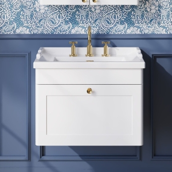 Nuie Classique Wall Hung 1-Drawer Vanity Unit with Traditional Basin 600mm Wide Satin White - 3 Tap Hole | Product Image