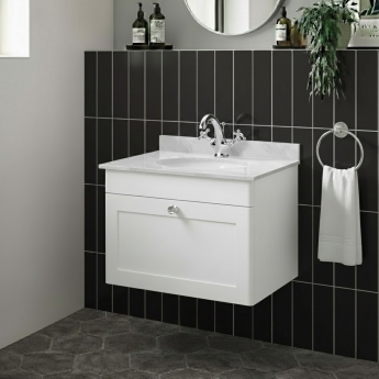 Nuie Classique Wall Hung 1-Drawer Vanity Unit with 1TH Grey Marble Top Basin 600mm Wide - Satin White