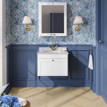 Nuie Classique Wall Hung 1-Drawer Vanity Unit with 1TH Grey Marble Top Basin 600mm Wide - Satin White | Product Image