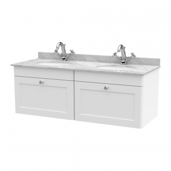 Nuie Classique Wall Hung 2-Drawer Vanity Unit with 1TH Grey Marble Top Basin 1200mm Wide - Satin White