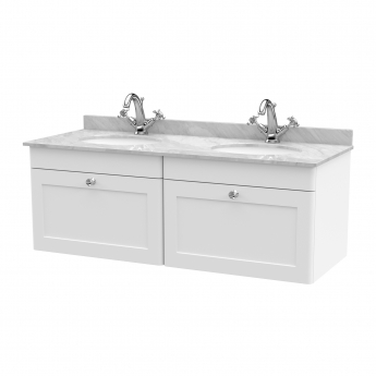 Nuie Classique Wall Hung 2-Drawer Vanity Unit with 1TH Grey Round Marble Top Basin 1200mm Wide - Satin White