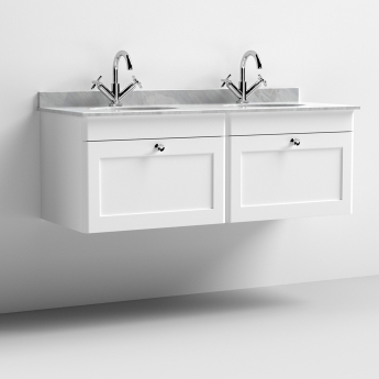 Nuie Classique Wall Hung 2-Drawer Vanity Unit with 1TH Grey Round Marble Top Basin 1200mm Wide - Satin White