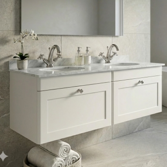 Nuie Classique Wall Hung 2-Drawer Vanity Unit with 1TH Grey Round Marble Top Basin 1200mm Wide - Satin White