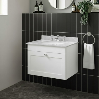 Nuie Classique Wall Hung 1-Drawer Vanity Unit with 3TH Grey Marble Top Basin 600mm Wide - Satin White