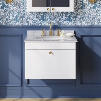 Nuie Classique Wall Hung 1-Drawer Vanity Unit with 3TH Grey Marble Top Basin 600mm Wide - Satin White | Product Image