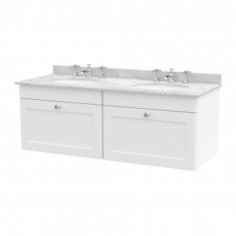 Nuie Classique Wall Hung 2-Drawer Vanity Unit with 3TH Grey Marble Top Basin 1200mm Wide - Satin White