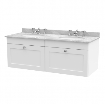 Nuie Classique Wall Hung 2-Drawer Vanity Unit with 3TH Grey Round Marble Top Basin 1200mm Wide - Satin White