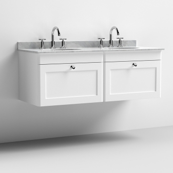 Nuie Classique Wall Hung 2-Drawer Vanity Unit with 3TH Grey Round Marble Top Basin 1200mm Wide - Satin White