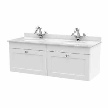 Nuie Classique Wall Hung 2-Drawer Vanity Unit with 1TH White Round Marble Top Basin 1200mm Wide - Satin White