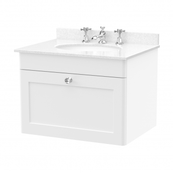 Nuie Classique Wall Hung 1-Drawer Vanity Unit with 3TH White Round Marble Top Basin 600mm Wide - Satin White