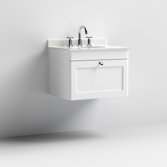 Nuie Classique Wall Hung 1-Drawer Vanity Unit with 3TH White Round Marble Top Basin 600mm Wide - Satin White