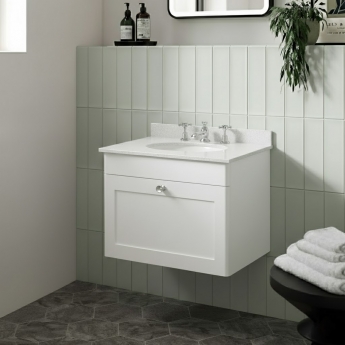 Nuie Classique Wall Hung 1-Drawer Vanity Unit with 3TH White Round Marble Top Basin 600mm Wide - Satin White