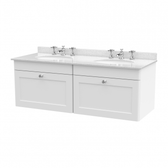 Nuie Classique Wall Hung 2-Drawer Vanity Unit with 3TH White Round Marble Top Basin 1200mm Wide - Satin White