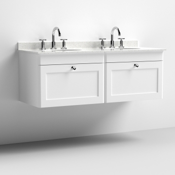 Nuie Classique Wall Hung 2-Drawer Vanity Unit with 3TH White Round Marble Top Basin 1200mm Wide - Satin White