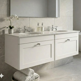 Nuie Classique Wall Hung 2-Drawer Vanity Unit with 3TH White Round Marble Top Basin 1200mm Wide - Satin White